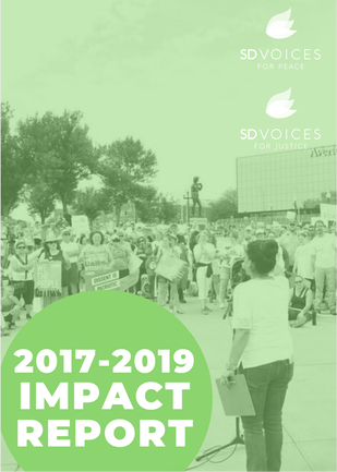 SDVFP 2017-2019 impact report cover featuring image of a rally, with a green circle with bold white text in the bottom left, and SD Voices for Peace and SD Voices for Justice logos